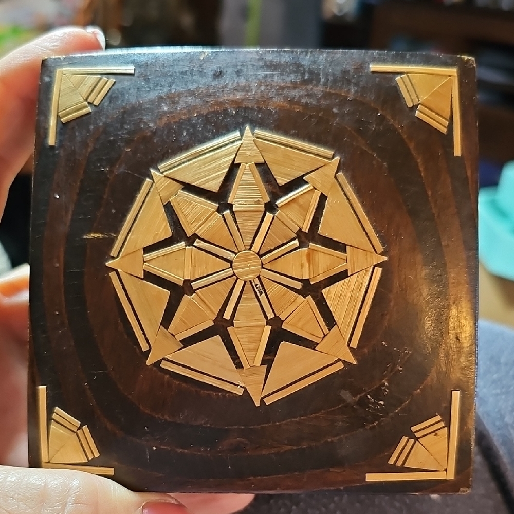 USSR Russian 1970s Wooden Carved Straw Jewelry/Trinket Box